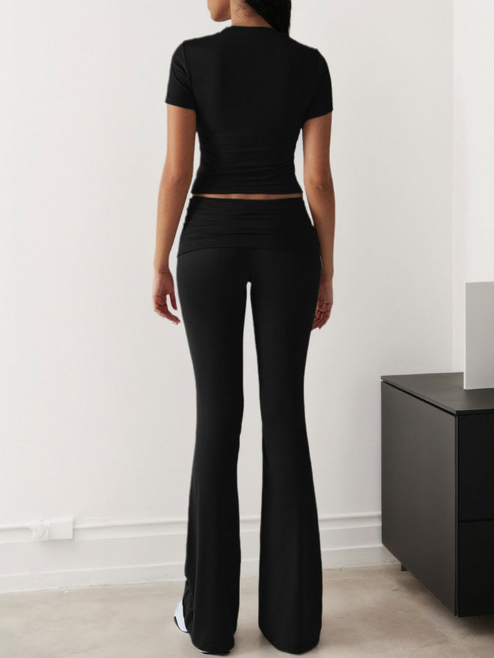 Black Short Sleeve Top & Waist Ruched Pant Set