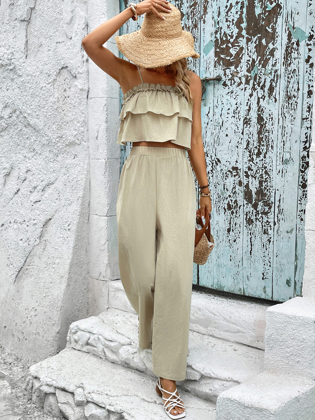 Beige Tiered Strappy Top With Straight Fit Trouser Co-Ord Set