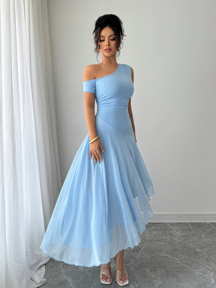 Blue One Shoulder Sleeveless Pleated Dress