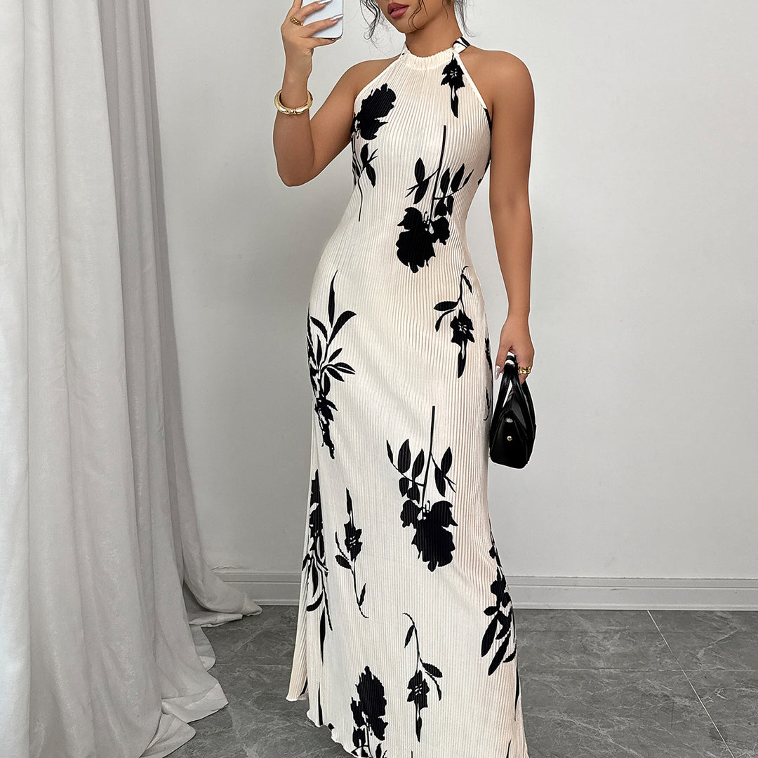 White Printed Halter Neck Maxi Dress