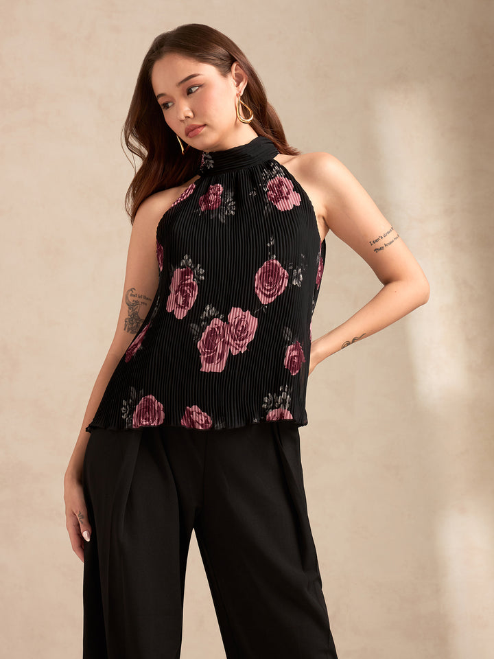 Black Halter Neck Plisse Flared Printed Top