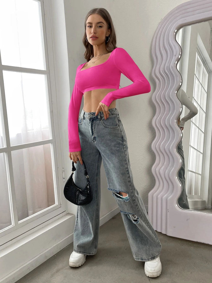 Pink Full Sleeve Round Scoop Neck Crop Top