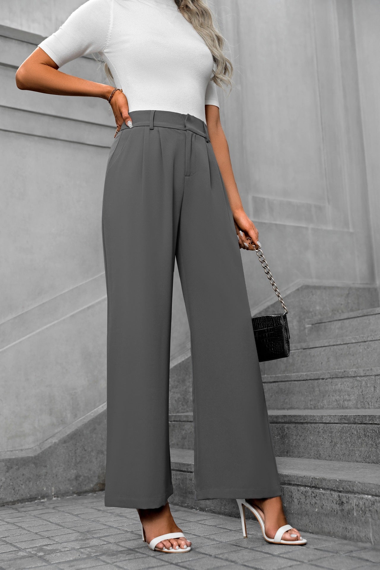 Grey  Waist Band Pleated Straight Fit Pants