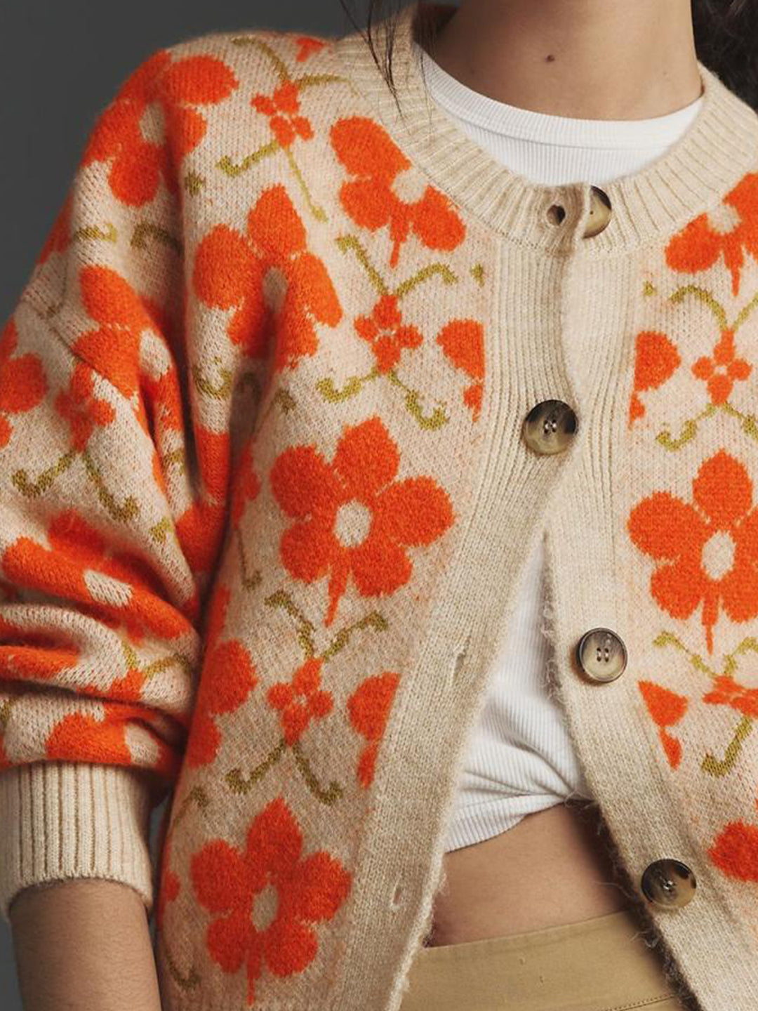 Orange Full Sleeves Printed Slouchy Cardigan