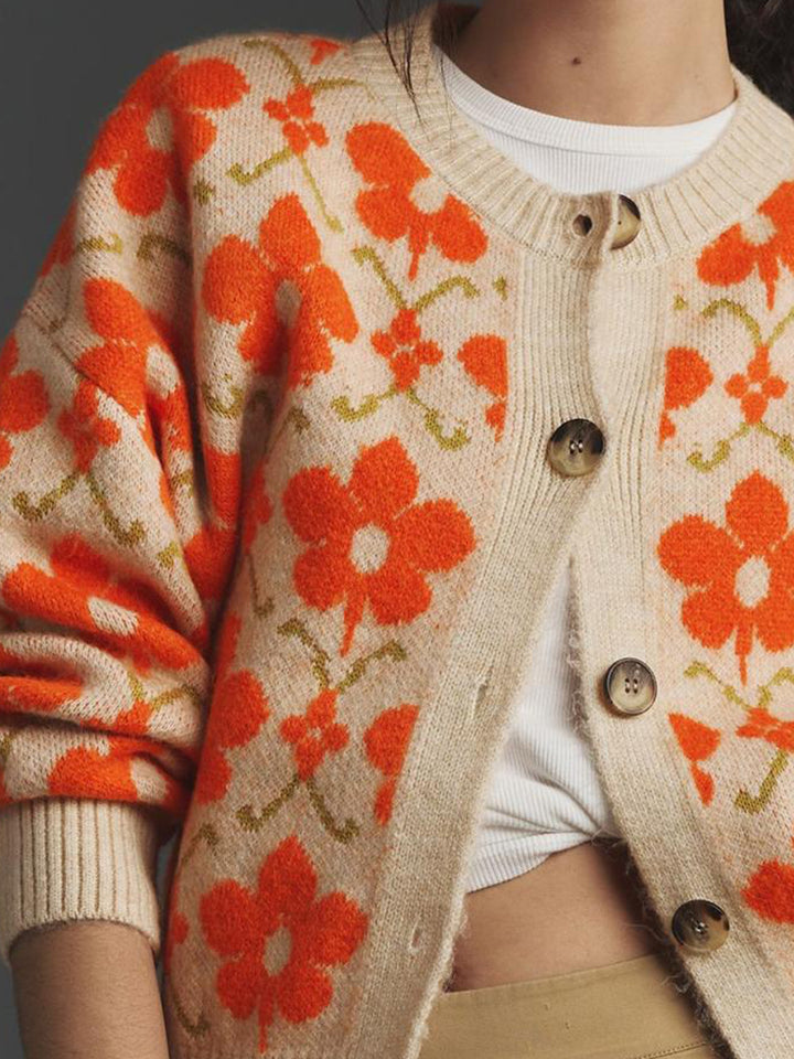 Orange Full Sleeves Printed Slouchy Cardigan