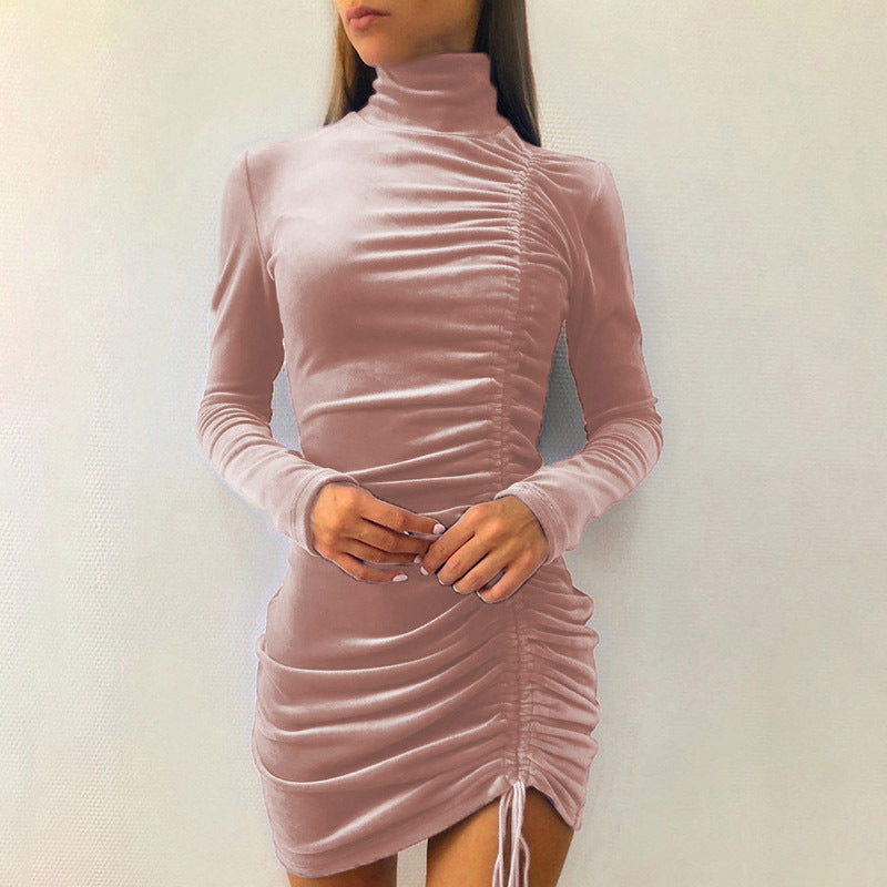 Pink Side Ruched High Neck Mini Dress