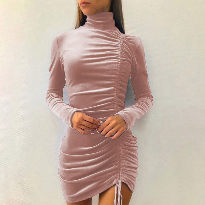 Pink Side Ruched High Neck Mini Dress