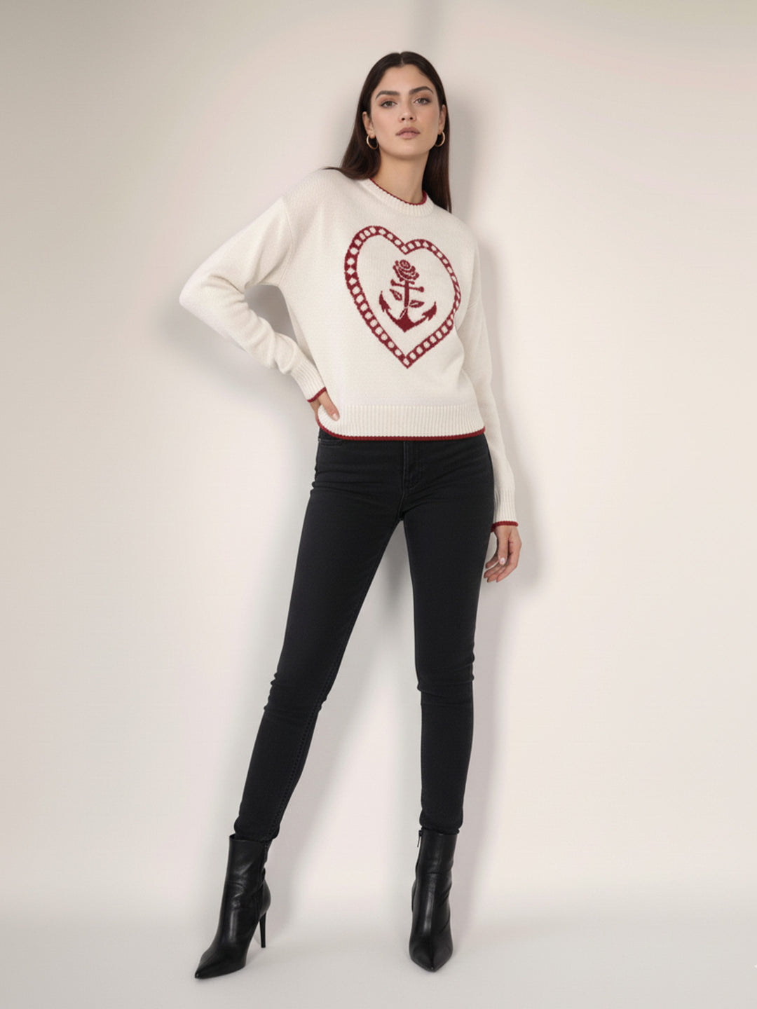 White Contrast Stitch Hem And Neck With Graphic Sweater