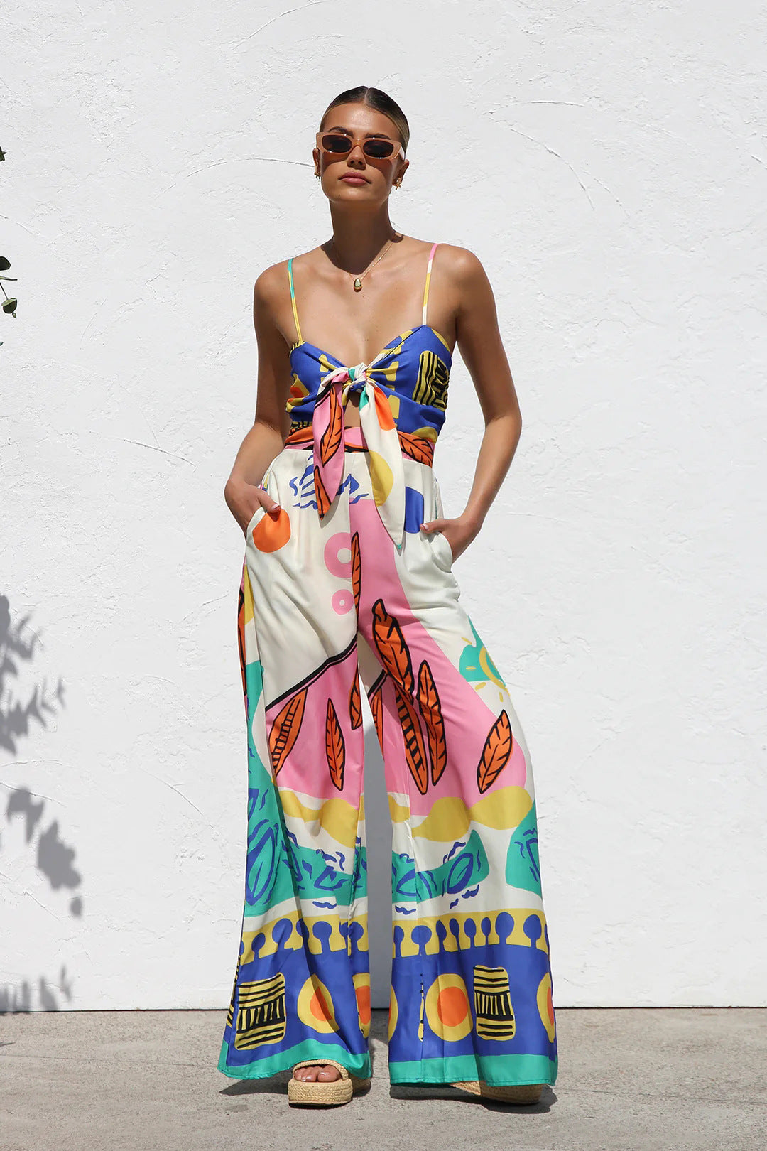 Blue Abstract Printed Spaghetti Strap Front Knot Dress