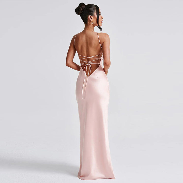 Pink Halter Neck Fit & Flare Evening Wear Dress