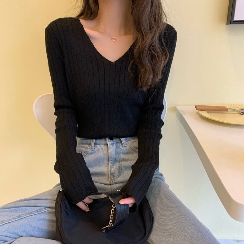 Plunge Neck Black Knit Top