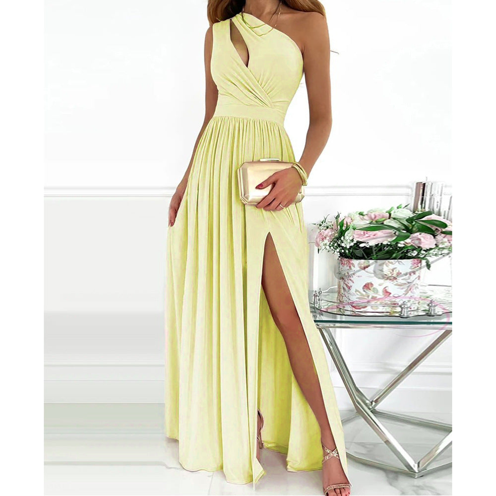 Off White Shoulder Cut Out With High Slit Maxi Dress