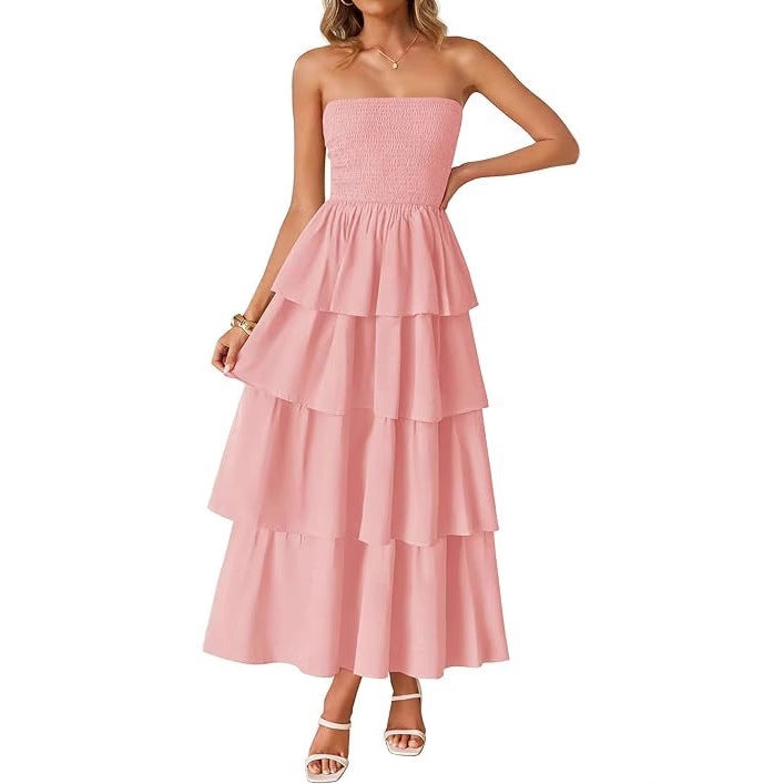 Peach Tube Smoked Dress With Ruffled Layers