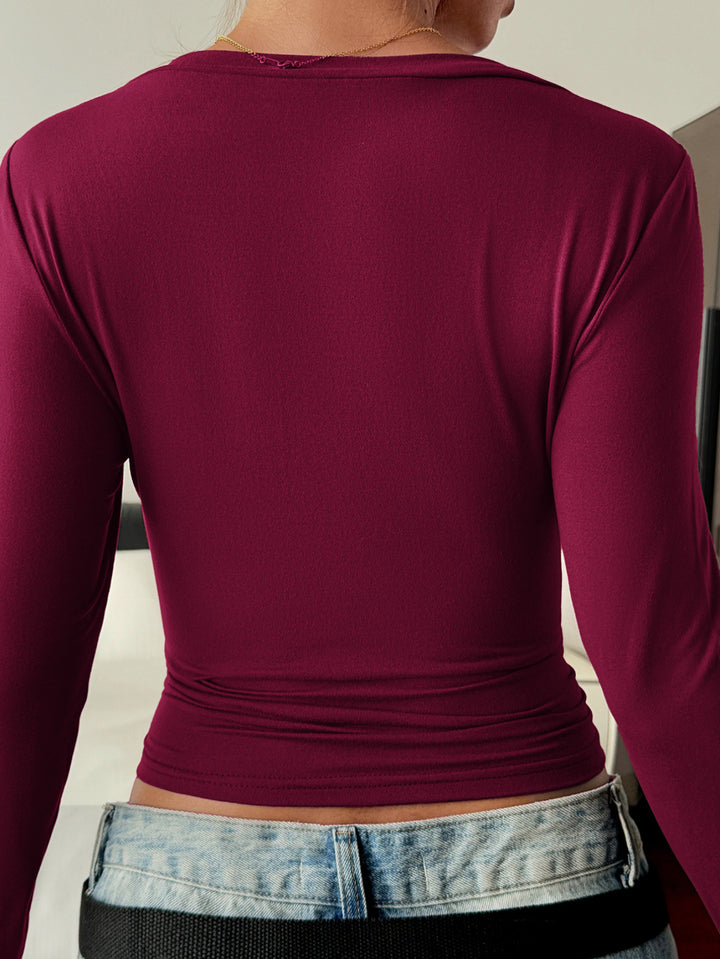 Wine Deep V Neck Fitted Solid Top