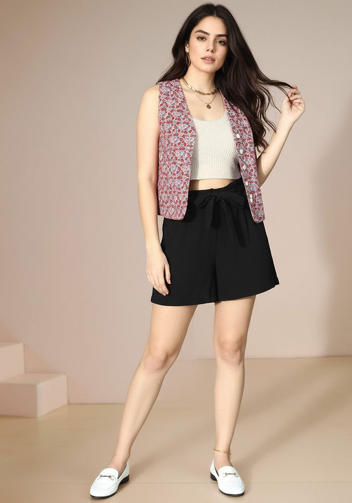 Black Elasticated Waist Tie-Up Shorts