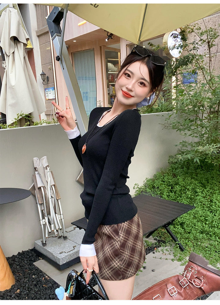Black Full Sleeve Contrast Hem Top