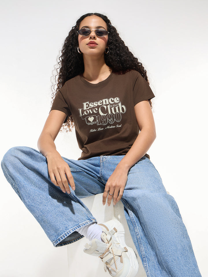 Brown Crew Neck Graphic Tshirt