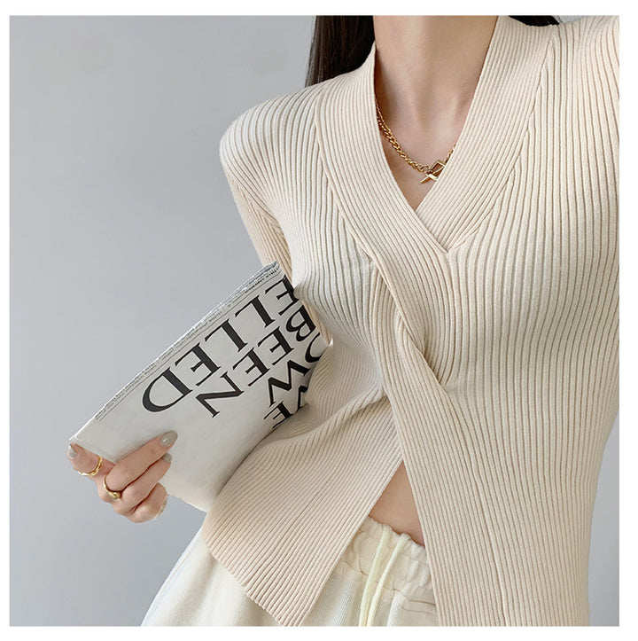 Cream Full Sleeve V Neck Wrap Pullover Top