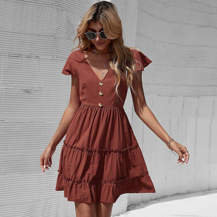 Brown Short Sleeve Flared Dress