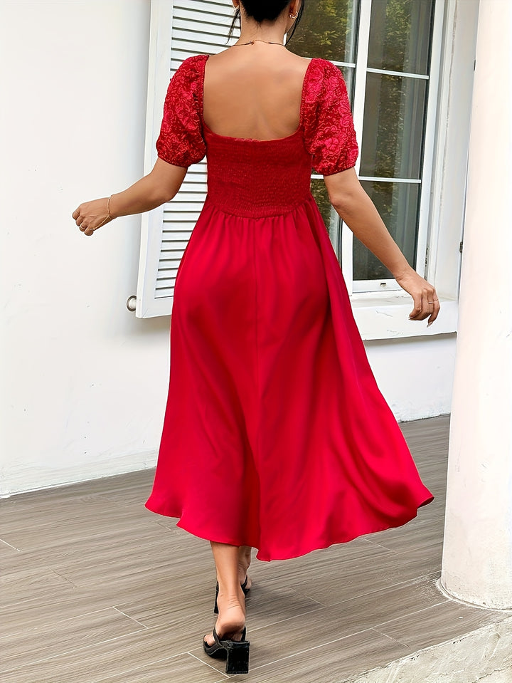 Red Midi Flared Dress With Jacquard Fabric At Sleeves