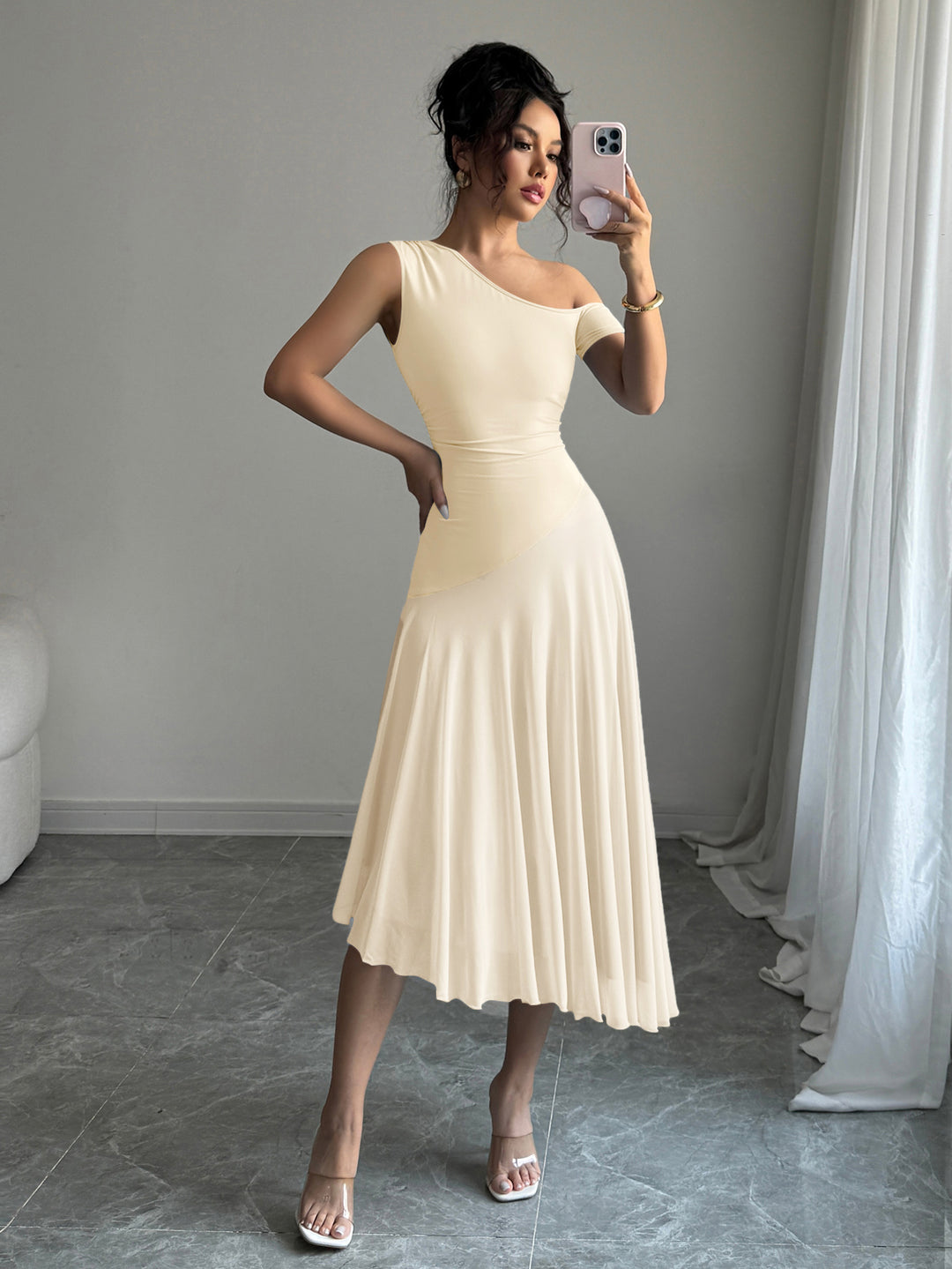 Off White One Shoulder Sleeveless Pleated Dress