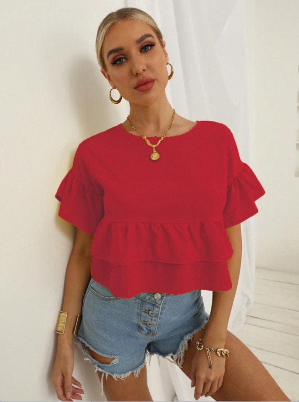 Red Ruffle Hem Peplum Top