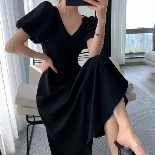 Black V Neck Flared Sleeve Dress
