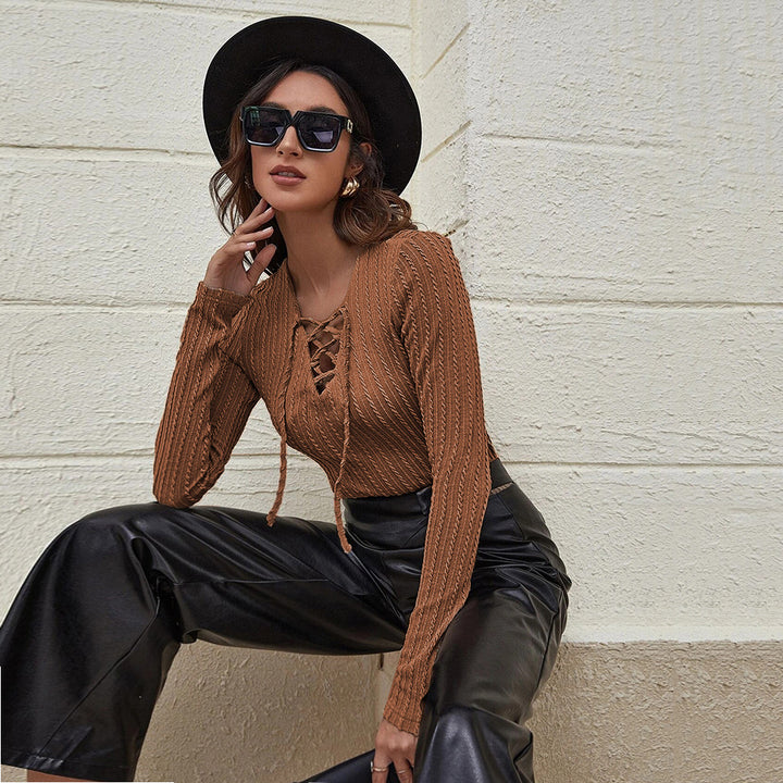 Brown Textured Knit Full Sleeve Top