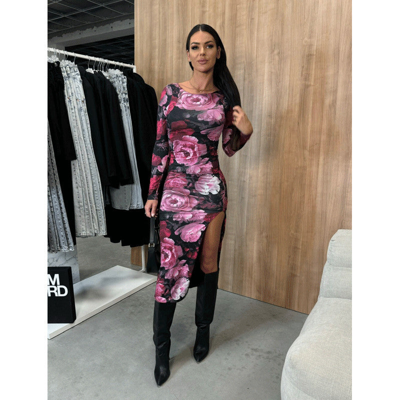 Pink Ruched Side Slit Dress