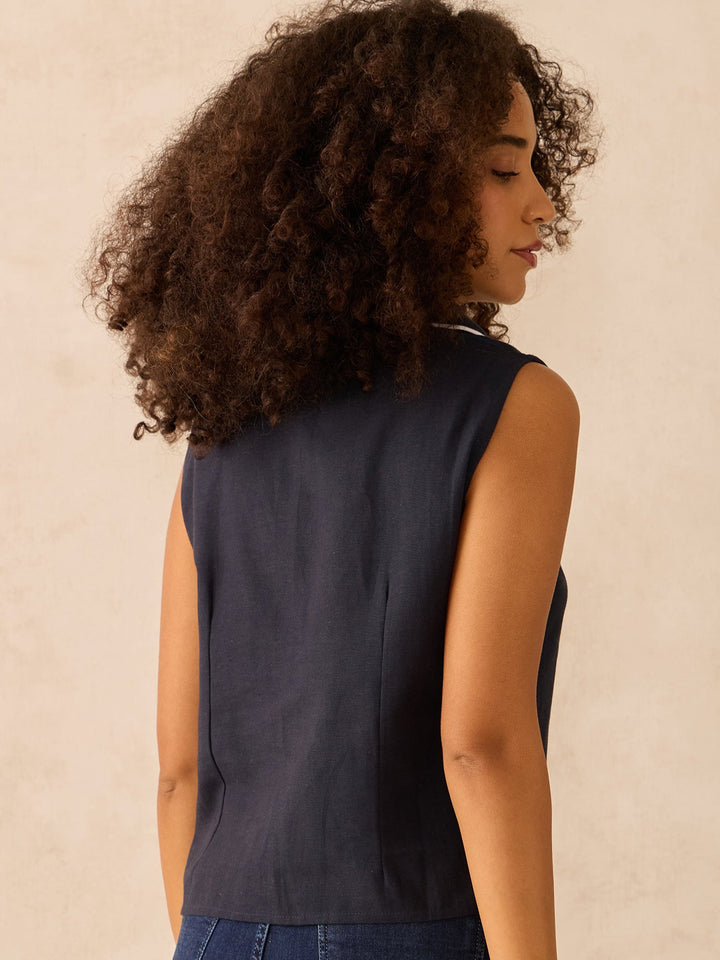 Navy Blue Sleeveless Contrast Piping Shirt