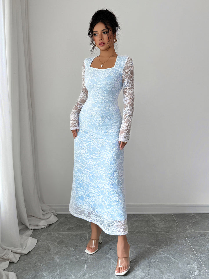 Blue Full Sleeve Square Neck Lace Dress