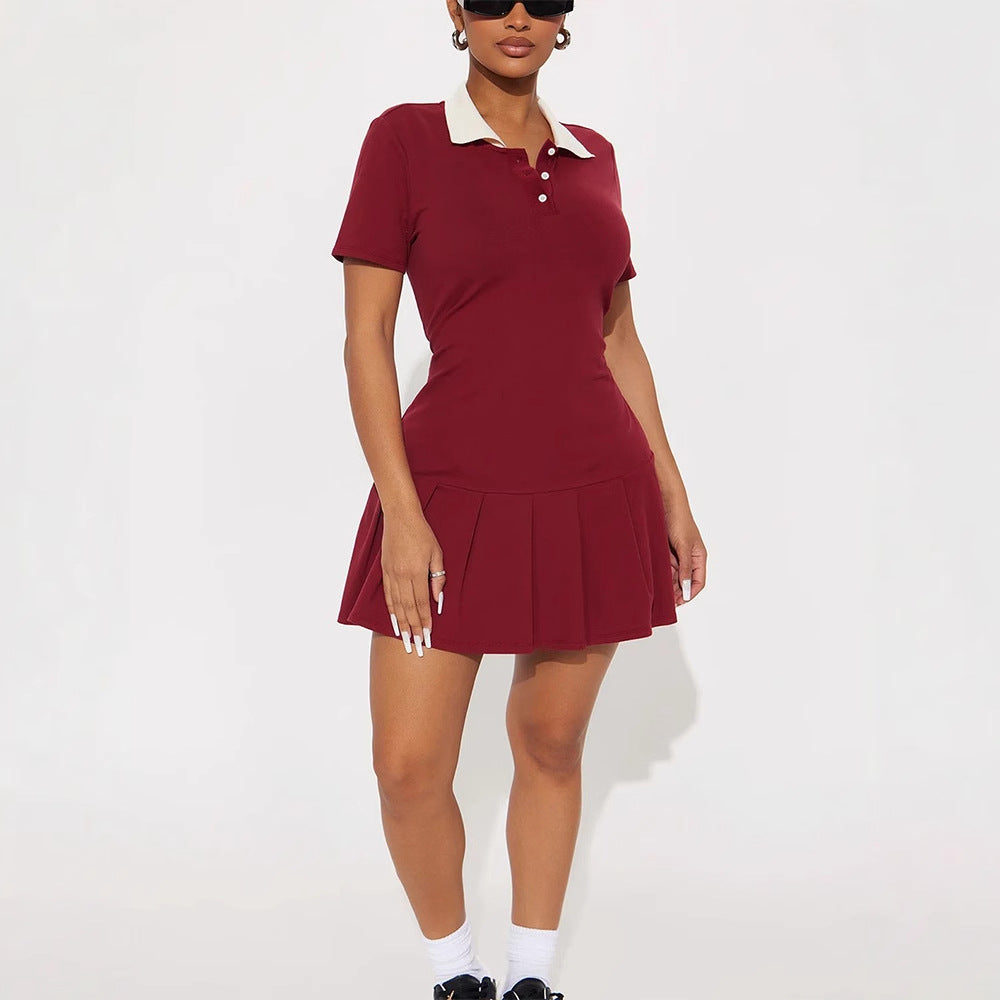 Red Polo Dress With Pleated Hem