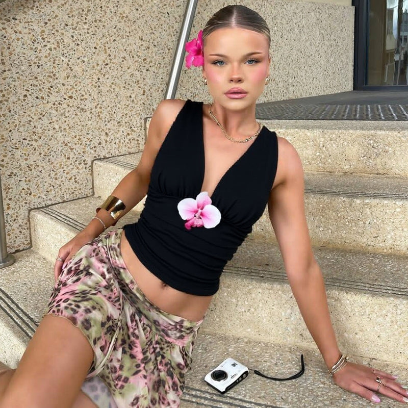 Black Deep V Ruched Tank Top