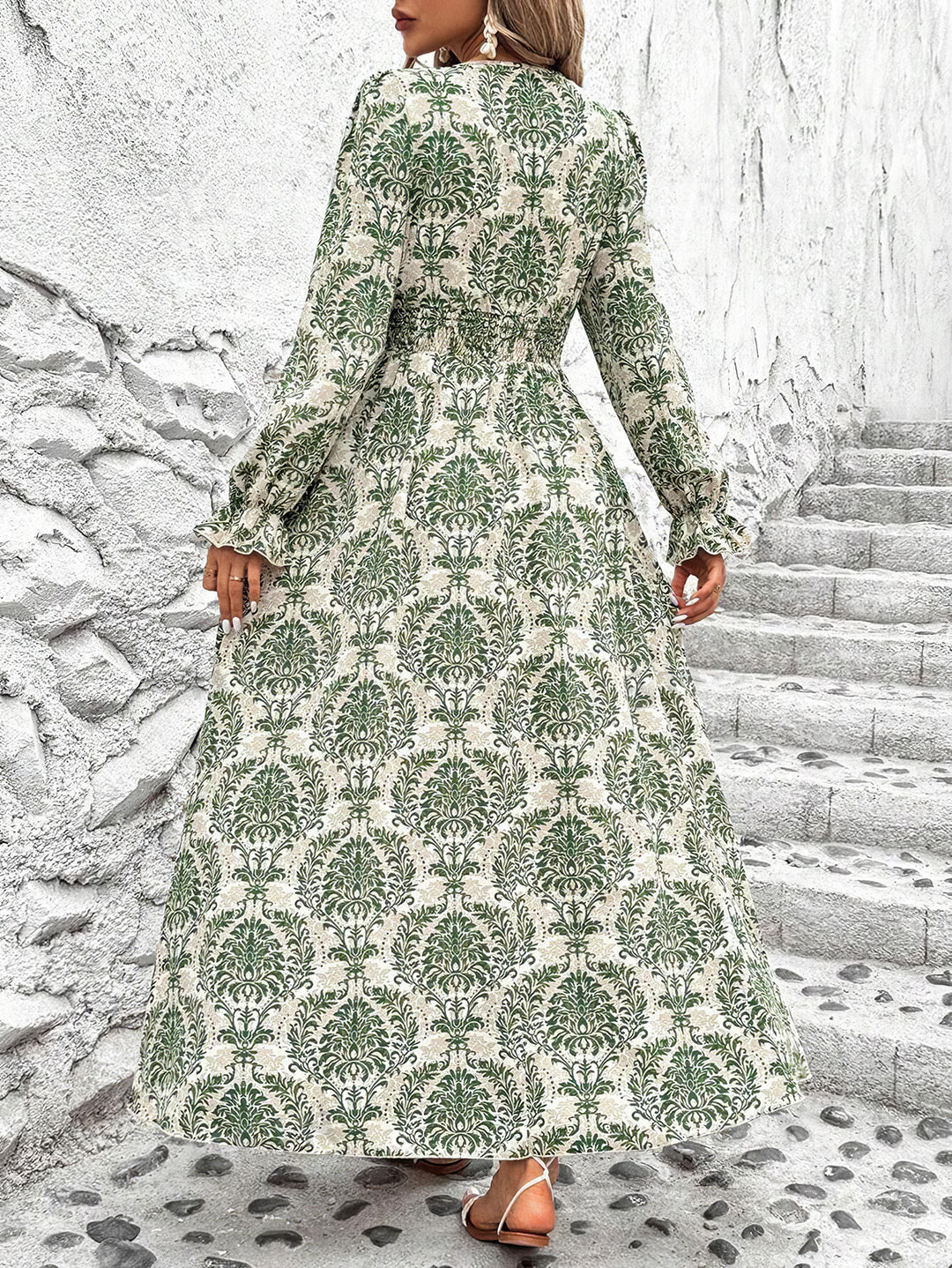 Green Bishop Sleeve V Neck Printed Dress