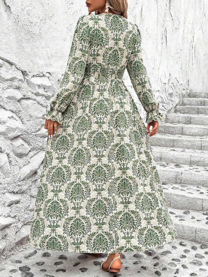 Green Bishop Sleeve V Neck Printed Dress