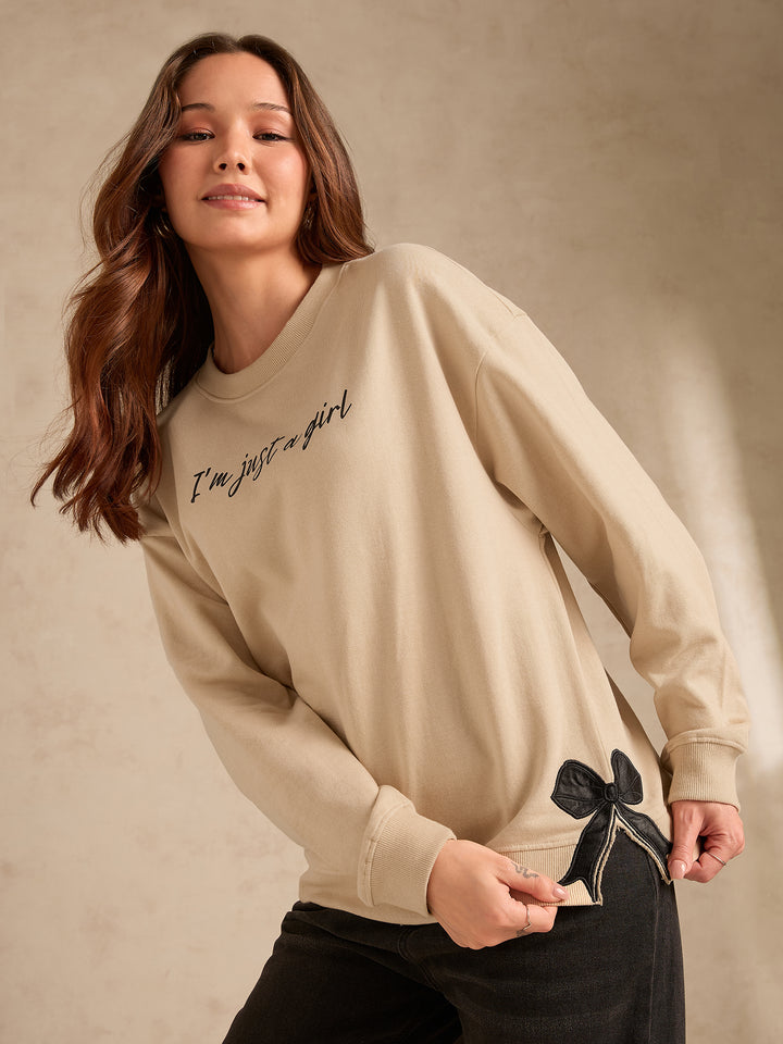 Beige Typographic Bow Sweatshirt