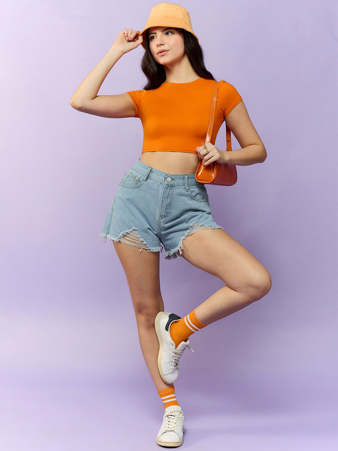 Solid Blue Frayed Denim Shorts