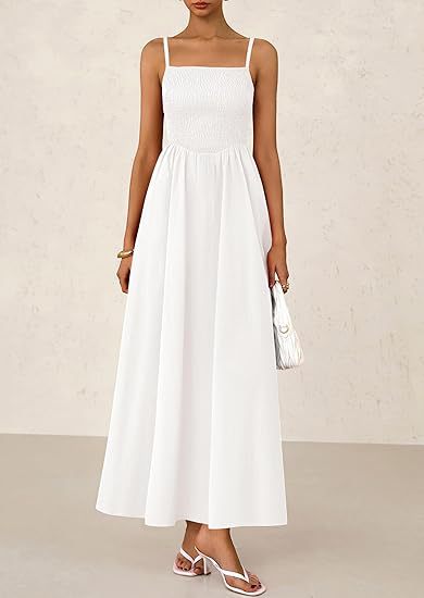 White Strappy Square Neck Cinched Waist Dress With Pockets