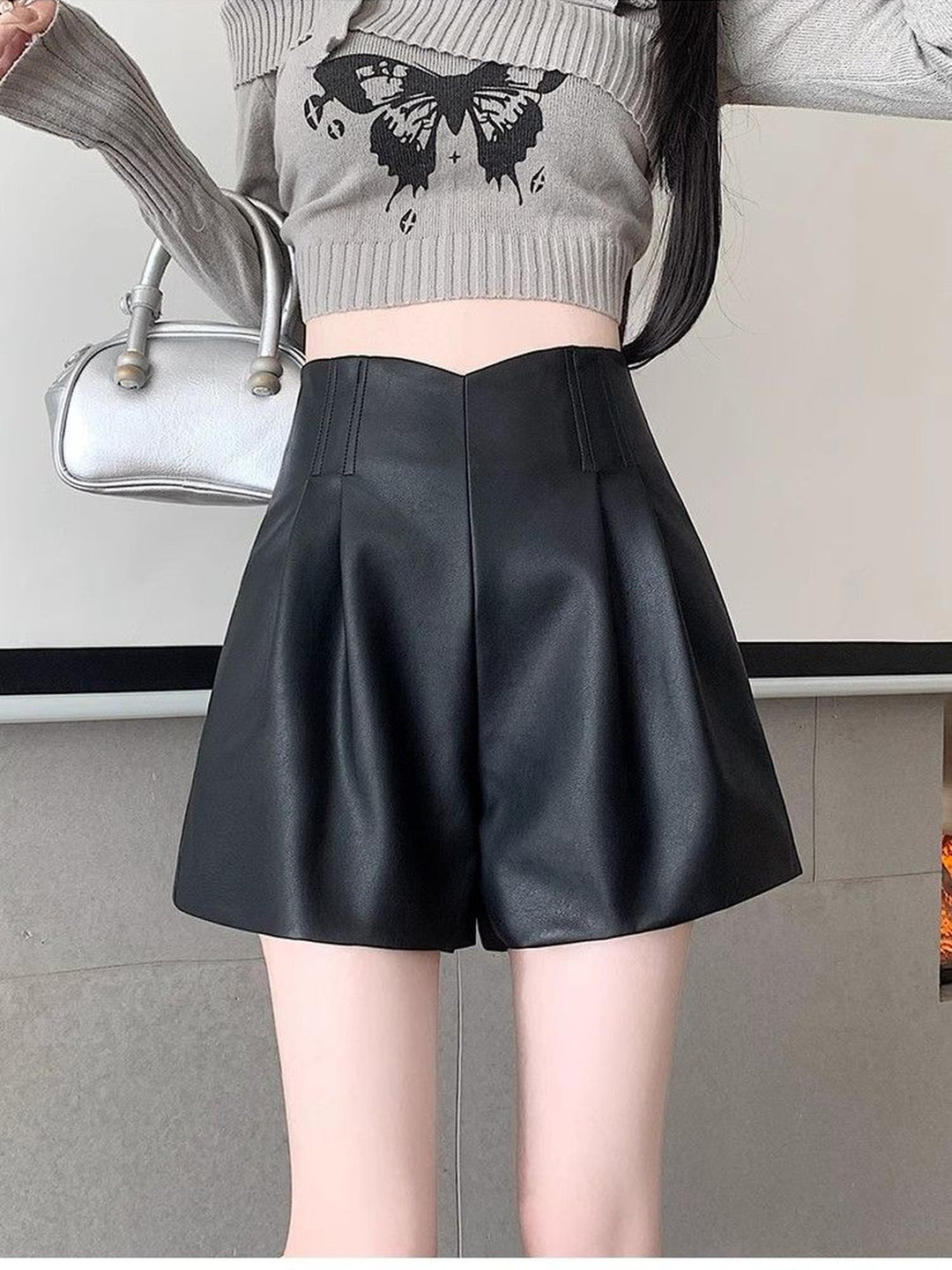 Black Pleated Pu Shorts