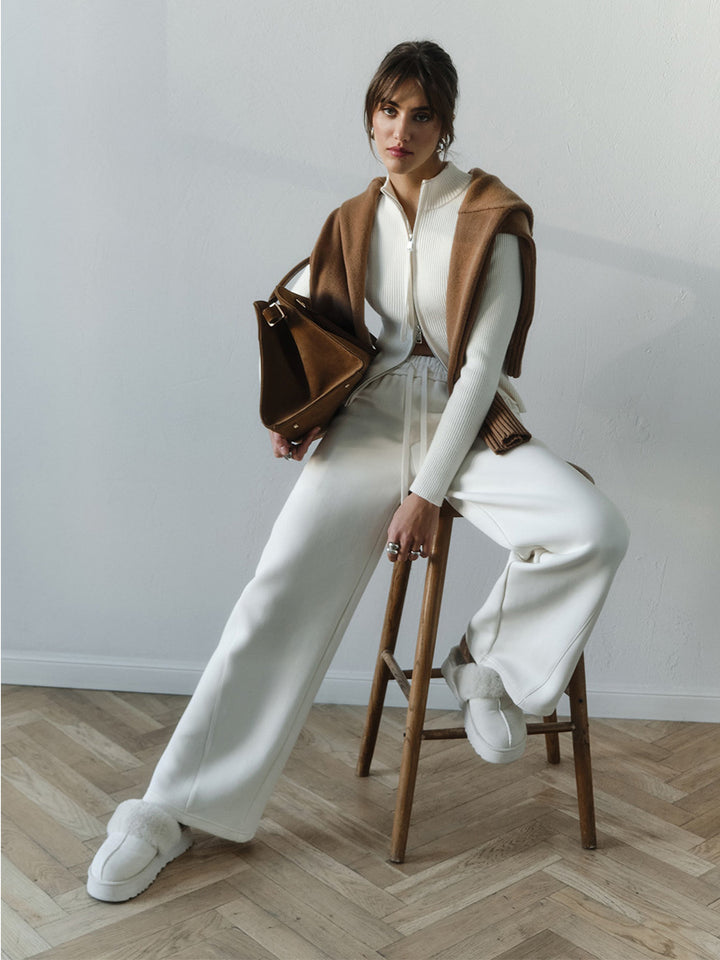 White Dual Zipper Solid Sweater