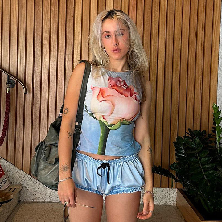 Blue Sleeveless Floral Print Tank Top