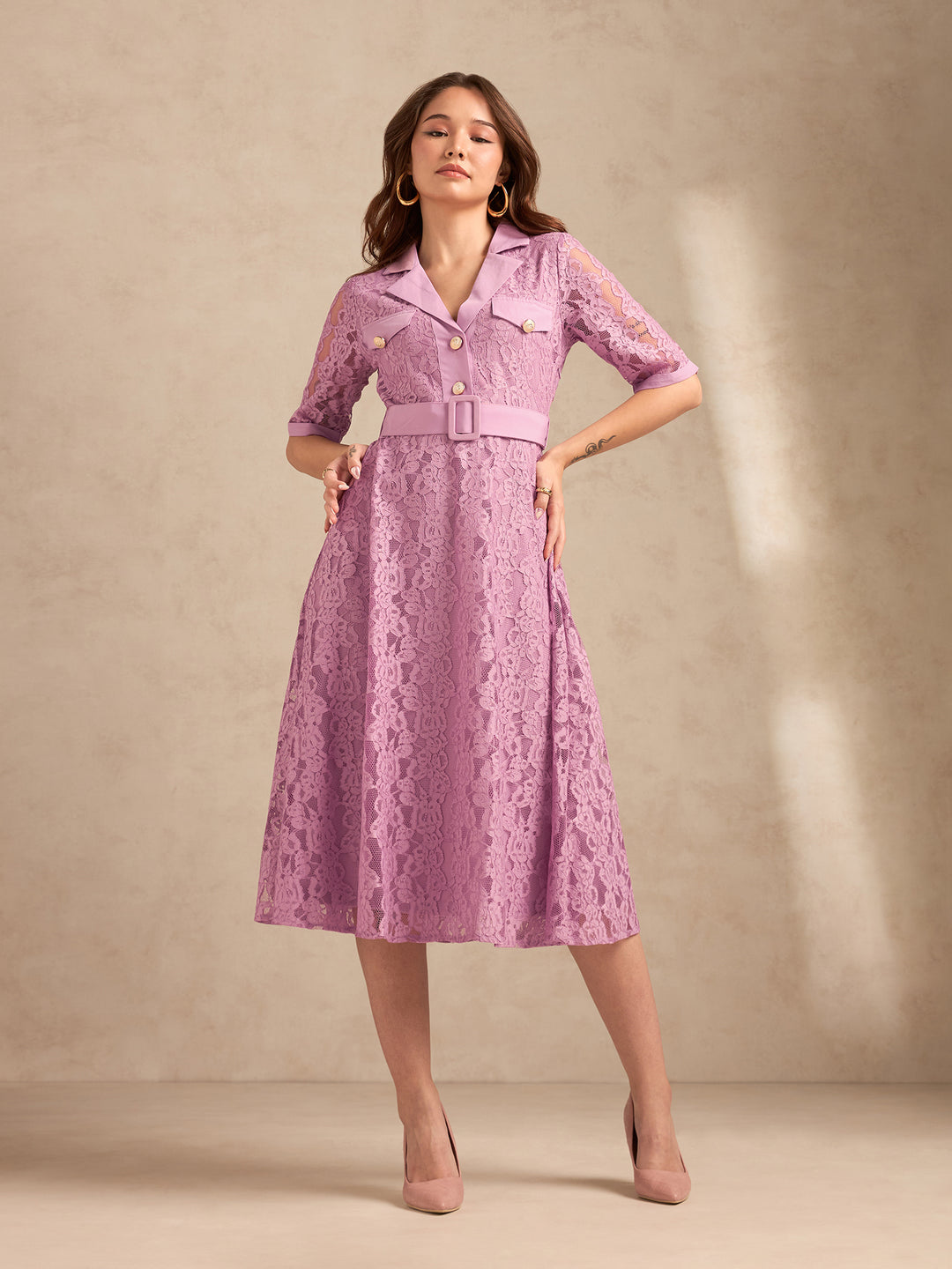 Lilac Lace Shirt Dress With Belt Detail