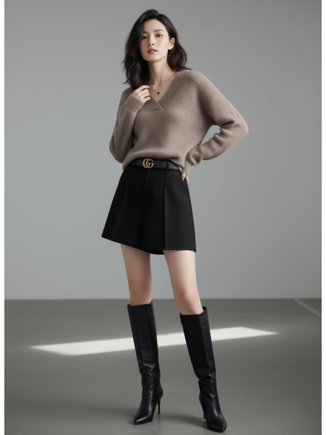 Taupe Full Sleeve V Neck Sweater