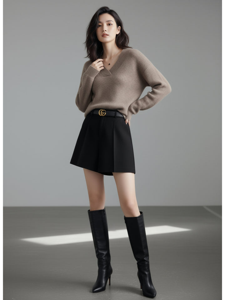 Taupe Full Sleeve V Neck Sweater