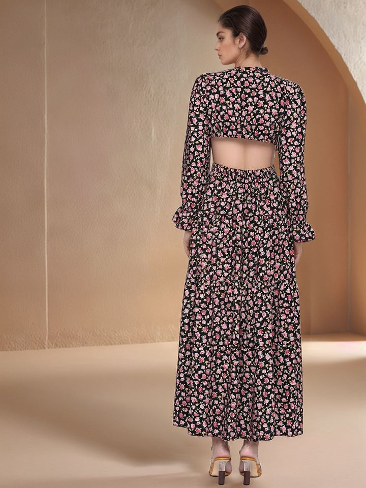 Black Full Sleeves Waist Cut-Out Printed Dress