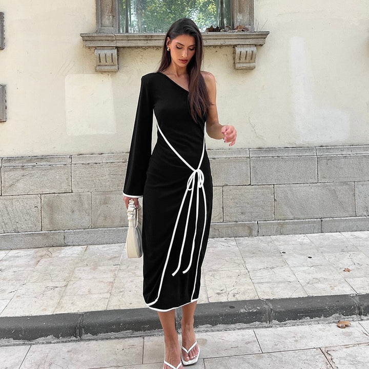 Black One Shoulder With One Full Sleeves Midi Dress