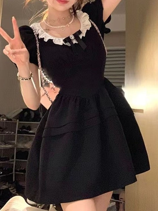 Black Puff Sleeve Mini Dress With Lace Detail