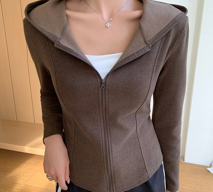 Brown Full Sleeves Front Zip Hooded Jacket