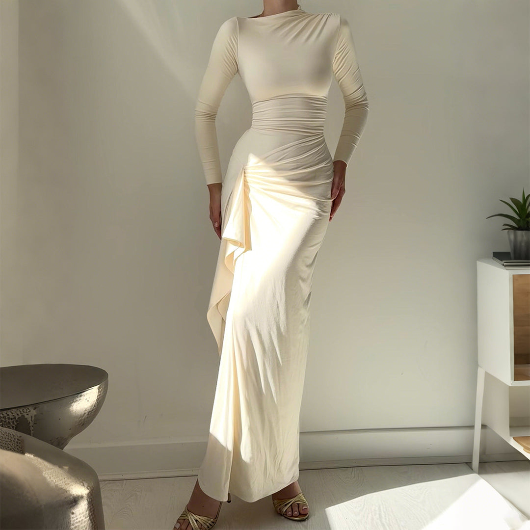 Cream High Neck Side Ruched Dress