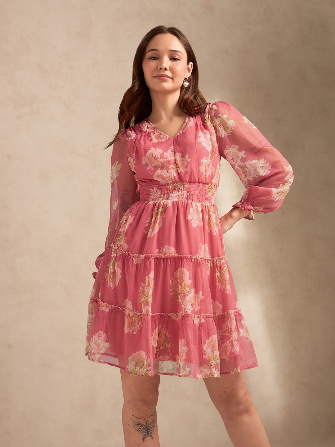 Pink Printed Full Sleeves Waist Smoked Dress